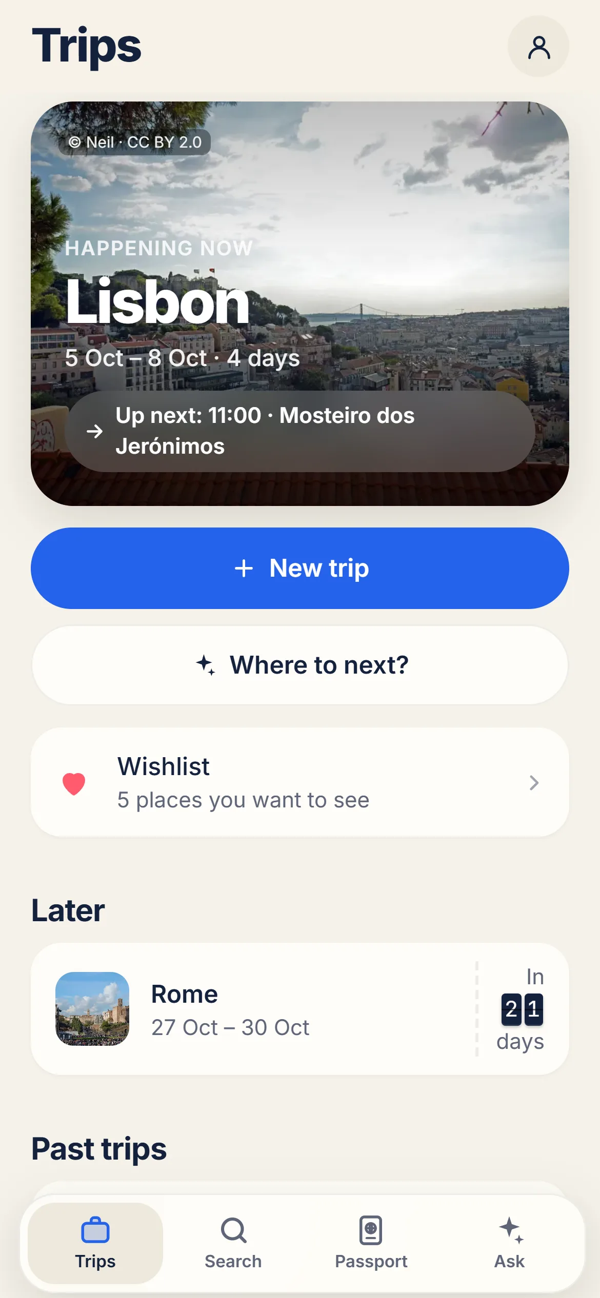 YesTrip AI trip planner app home screen